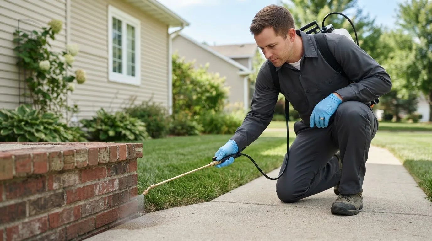 Pest control technician treating a home near Clayton, MO