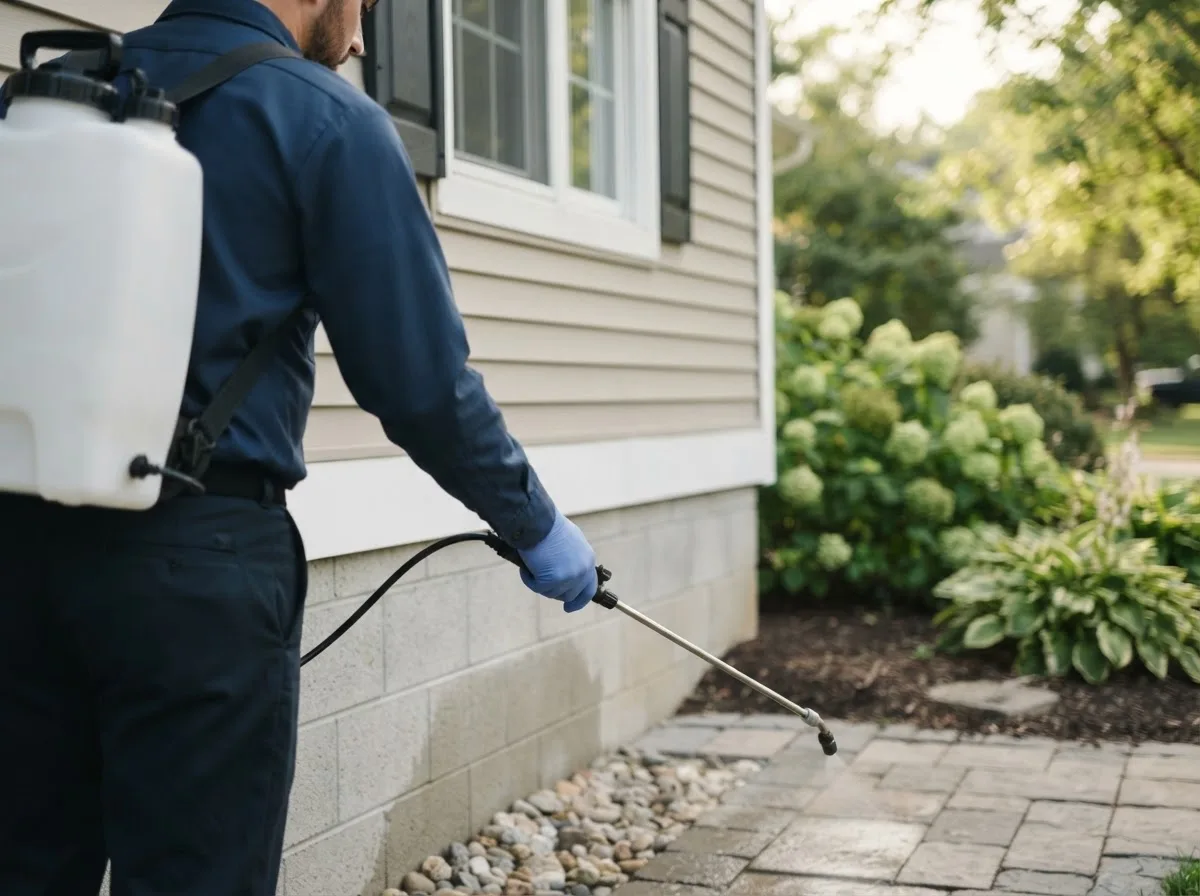 Pest control technician inspecting a home in Clayton, MO